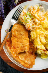 Fried cod fillet.