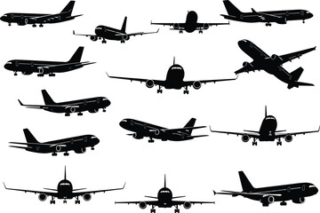 Commercial airplane silhouette vector set showing multiple aircraft orientations, front, side, rear views for aviation design, education, and editorial use.