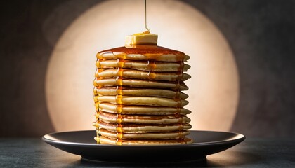 Golden Stack of Pancakes with Dripping Maple Syrup and Butter
