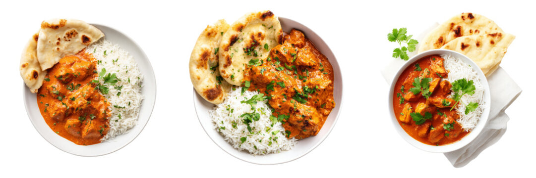 Delicious chicken curry with rice and naan kitchen food photography transparent background