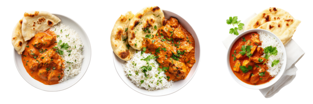 Delicious chicken curry with rice and naan kitchen food photography transparent background