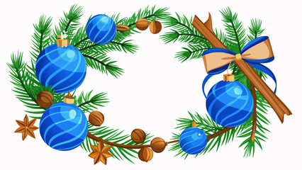 Christmas wreath with blue ornaments pine branches and natural elements