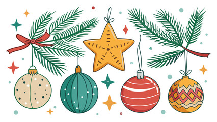 Hand drawn christmas ornaments and pine branches with festive decorations