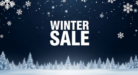 Image of snowy conifer forest with falling snowflake and the text "Winter Sale" against a dark blue background, representing seasonal promotion