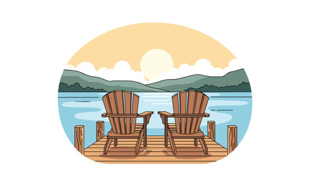 Two rustic wooden Adirondack chairs placed on a tranquil dock overlooking a calm lake surrounded by serene mountains and a beautiful sunset.