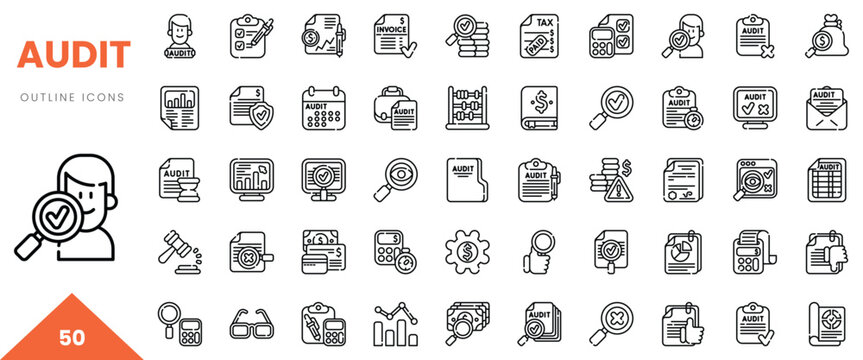 Vector outline icons depicting various aspects of audit processes and tools.