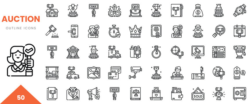 Vector outline icons for auction themes, featuring gavel, house, and money elements.