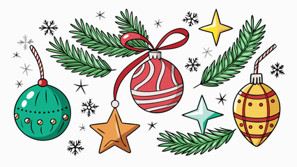 Collection of festive christmas ornaments and pine branches with snowflakes