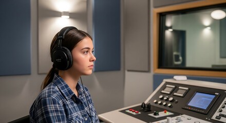 A young woman wearing headphones sits at a mixing console in a professional audio recording studio.