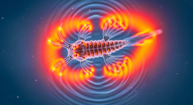 Glowing microscopic creature with intricate detail and vibrant colors, radiating energy and mystery, ideal for science and technology projects
