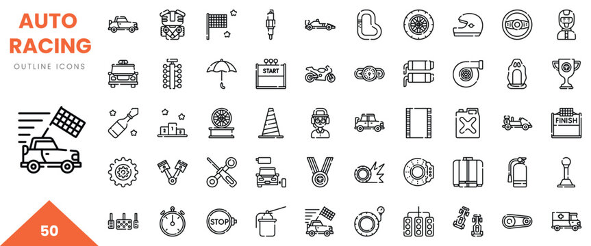 A collection of auto racing outline icons featuring vehicles, trophies, and racing elements.
