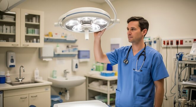 Male doctor in blue scrubs adjusts an overhead surgical lamp in a hospital examination room.