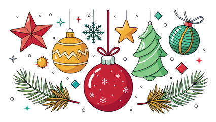 Festive christmas ornaments and decorations on white background