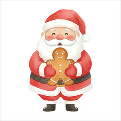 Santa Claus holding a giant gingerbread man, watercolor illustration isolated on black background
