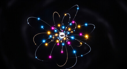 Dynamic atomic structure with vibrant colors for innovative science project or technology presentation, perfect for illustrating complex concepts and energy
