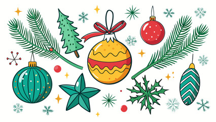 Festive christmas ornaments and decorations with pine branches and snowflakes