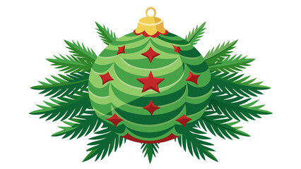 Green christmas ornament with red stars and pine needles
