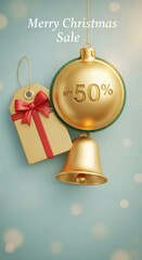 Ornament, tag and bell, all golden, on pastel background, representing Christmas sale offer of 50 percent, festive and business concept, free space