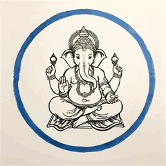 Obraz premium Ink painting of Lord Ganesha sitting in a meditative pose with a blue enso circle around him. Traditional Japanese ink wash painting sumi-e. 