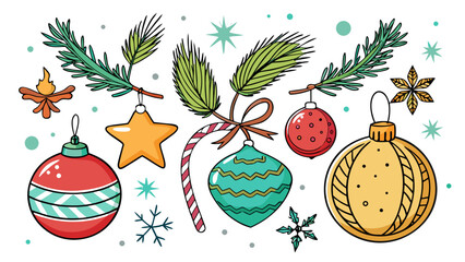 Hand drawn christmas ornaments and pine branches festive decorations