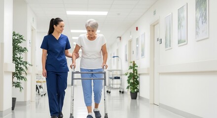 Caring female nurse or caregiver helping a senior woman walk with a walker down a bright hospital hallway.