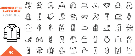 Collection of autumn clothes and accessories icons in a minimal outline style.