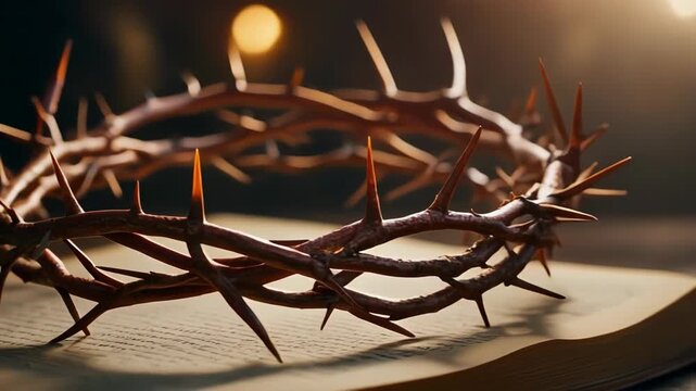 Crown of thorns rests on aged book pages with warm lighting casting dramatic shadows, symbolizing sacrifice and faith with sharp points.