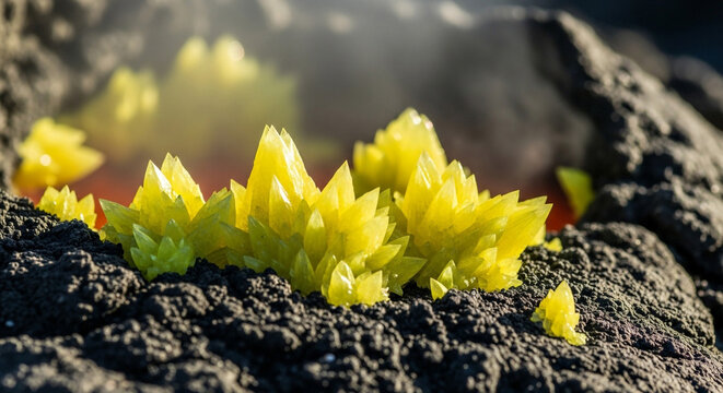 Stunning yellow crystal formations sparkle on volcanic rock, a vibrant and unusual geological wonder perfect for science and mineralogy projects - Powered by Adobe