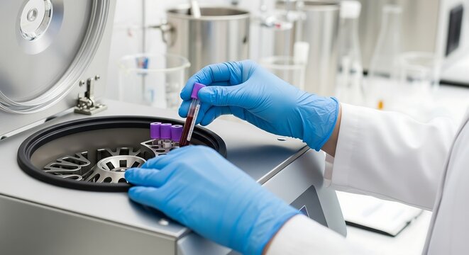 Laboratory technician in blue gloves loading a blood sample vial into a medical centrifuge for analysis.