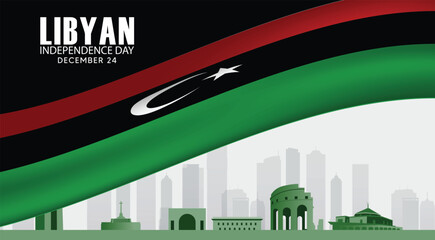 Elegant Libya Independence Day Flag Design with City Skyline Illustration Background