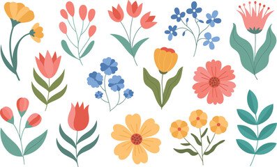 Collection of flat style floral elements in coral yellow and blue