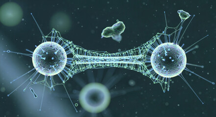 Intricate cellular network connecting spheres, visualizing biological processes and innovative research for science, medicine, and technology applications