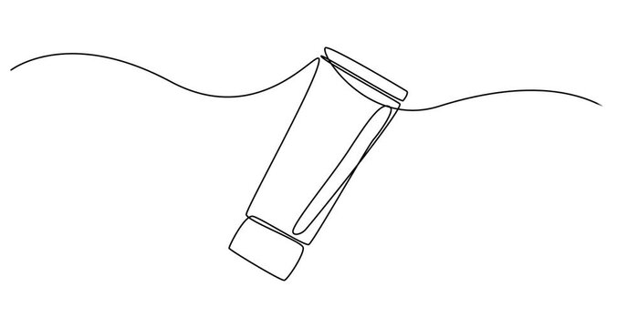 Toothpaste tube .Tube of cream. One continuous drawing line toothpaste .Skin care products. Moisturize, moisturizer, cream, leaf, leaves, natural, eco friendly. Cosmetics concept. One line drawing 
