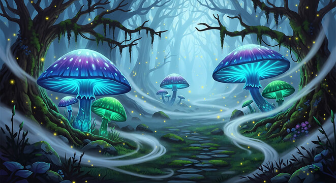 Enchanted fantasy forest with glowing mushrooms and fireflies path