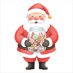 Santa Claus holding a jar full of colorful Christmas candies, watercolor illustration isolated on black background
