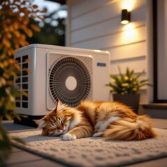 Serene ginger cat slumbering peacefully next to exterior heat pump unit on autumn porch at twilight.