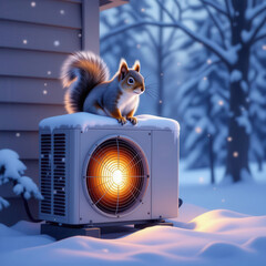 Curious gray squirrel basking atop glowing exterior heat pump unit during serene winter snowfall outside rustic home.