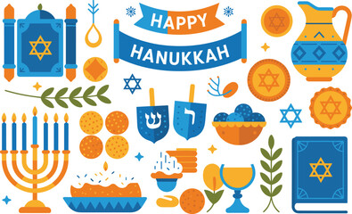 Hanukkah celebration elements with menorah dreidels and food