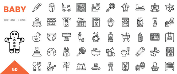 A collection of 50 outline icons related to babies, featuring toys and essential items.