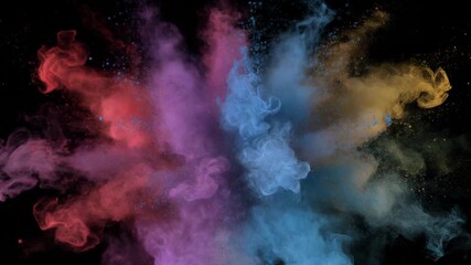 Slow motion colorful powder explosion against black backdrop creates dynamic vibrant clouds. - Powered by Adobe