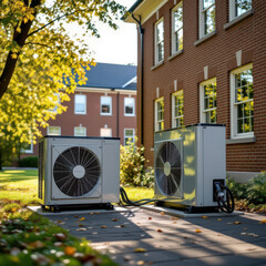 Two exterior heat pump units flanking sunny autumn patio outside historic brick university building.