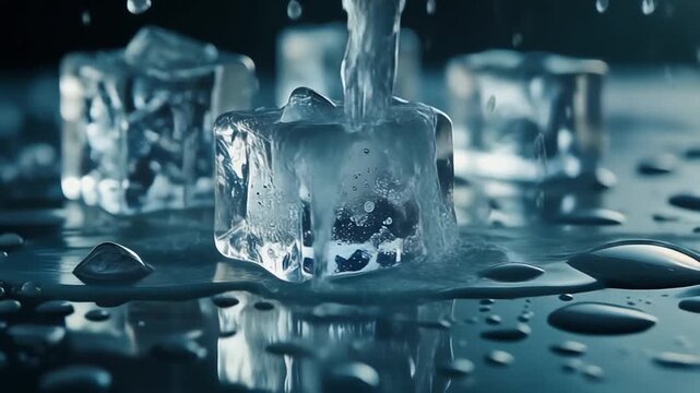 Hyperreal Ice Cubes Melting on Reflective Surface with Dripping Water