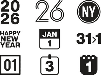 New Year Icons Set – 2026, Jan 1, NY Badge, Calendar Dates, Countdown, Minimal Holiday Symbols Vector Illustration