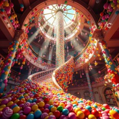 Whimsical torrent of rainbow gumballs and balloons swirling down ornate spiral staircase in sun-drenched candy palace atrium.