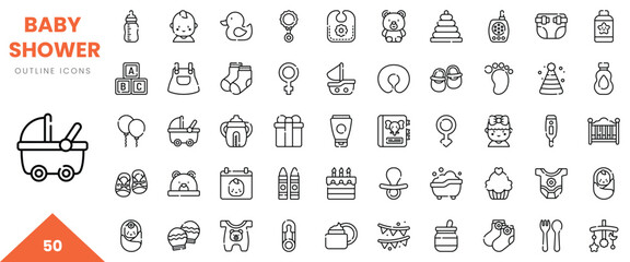 A collection of 50 outline icons representing baby shower themes and essentials.