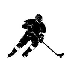 Ice hockey player logo icon vector. Hockey stick and puck logo set silhouettes vector on a white background
