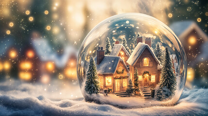 A glass ball containing a New Year's holiday village