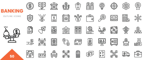 A collection of outline icons representing various banking concepts and services.