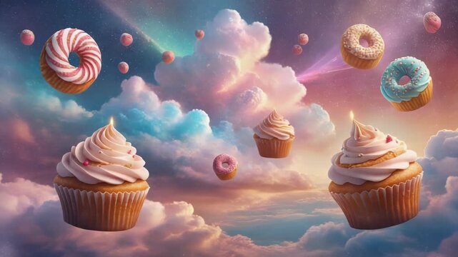 Fantasy scene with cupcakes and doughnuts floating in the sky among fluffy clouds with pink, blue, and purple hues.