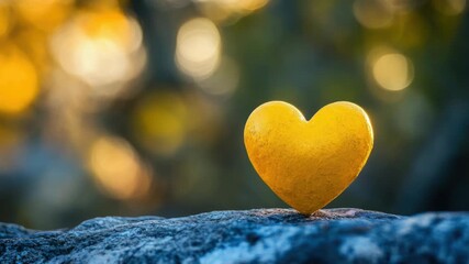 Video A small, yellow heart-shaped object sits atop a rock, perhaps a decorative accent or a symbol of love